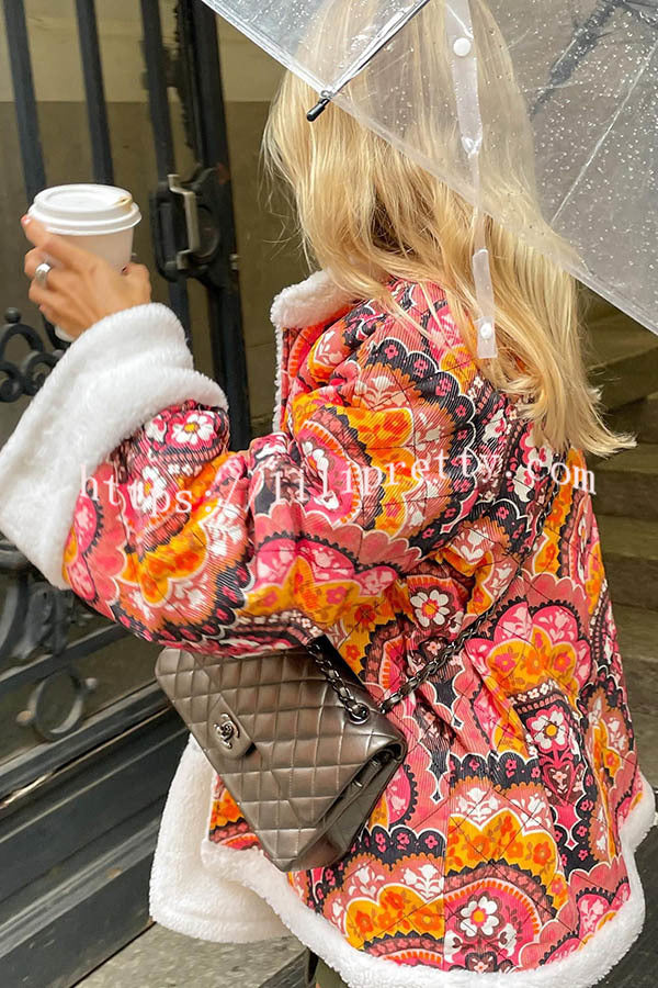 Cute Vintage Print Fleece Quilted Oversize Kimono Jacket - Fashionpara