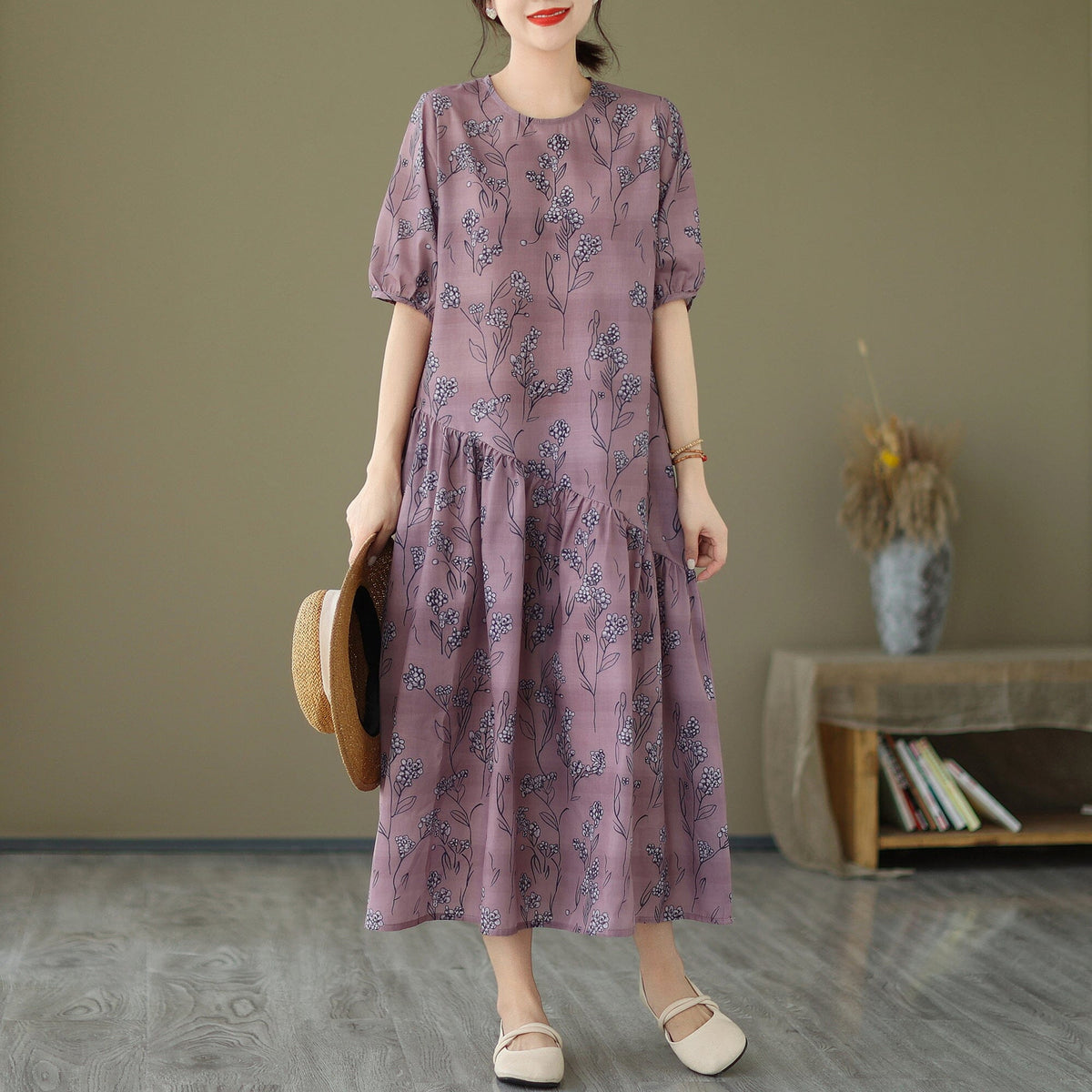 Floral Print Round Neck Short Puff Sleeve Asymmetrical Midi Dress