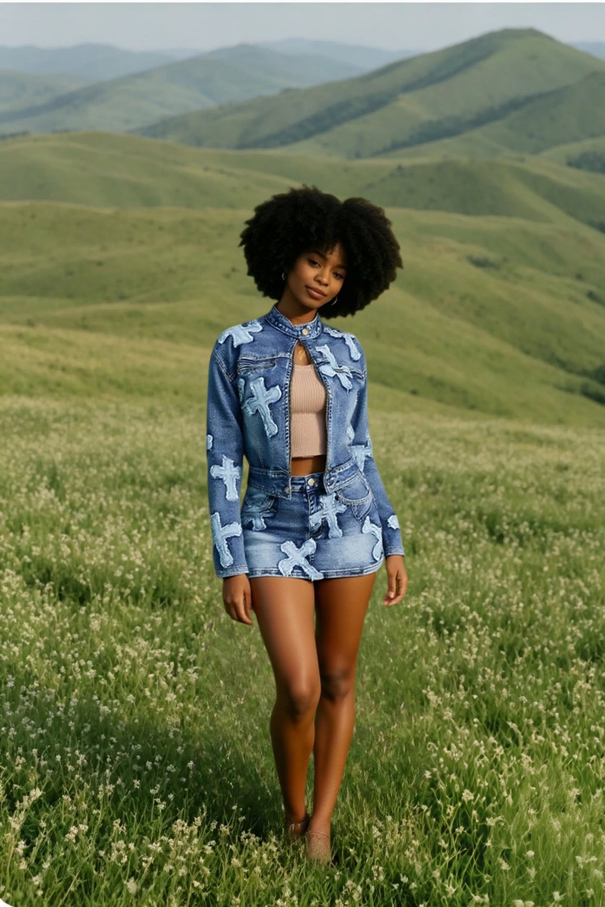 Denim Mini Cargo Jeans Club Two Piece Skirt Set