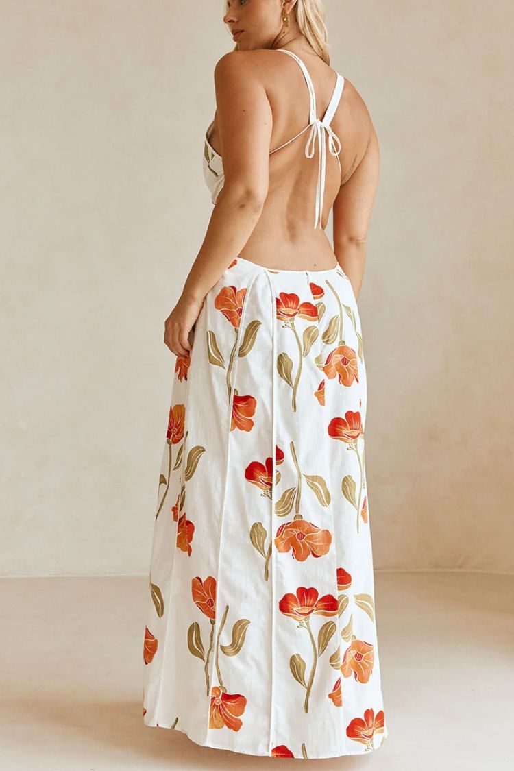 Eliska Linen Blend Poppy Print Cutout Contrast Trim A-line Maxi Dress - Fashionpara