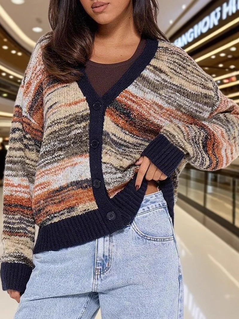 Color-Block Striped V-Neck Retro Knit Sweater for Style