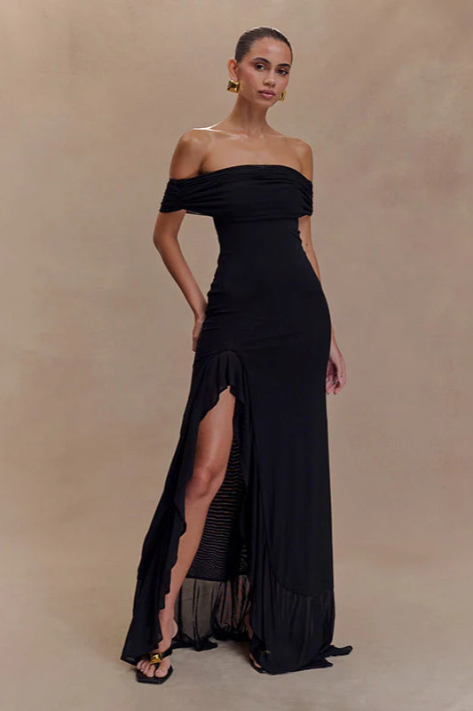 Off-Shoulder Ruffle Mesh Split Maxi Party Dress