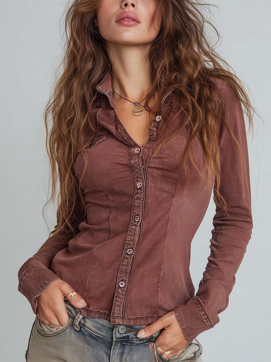 Vintage Sun-Dried Red Washed Slim Fit Shirt - Fashionpara