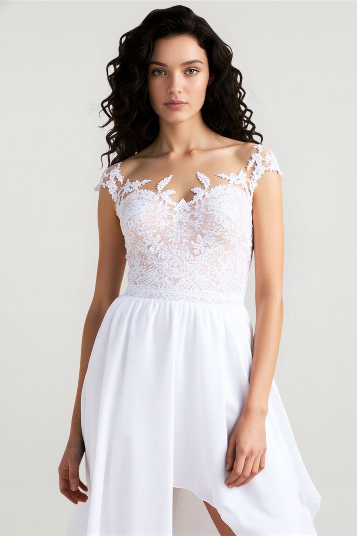 Lace Cap Sleeve Illusion Sweetheart A-Line Dress 2