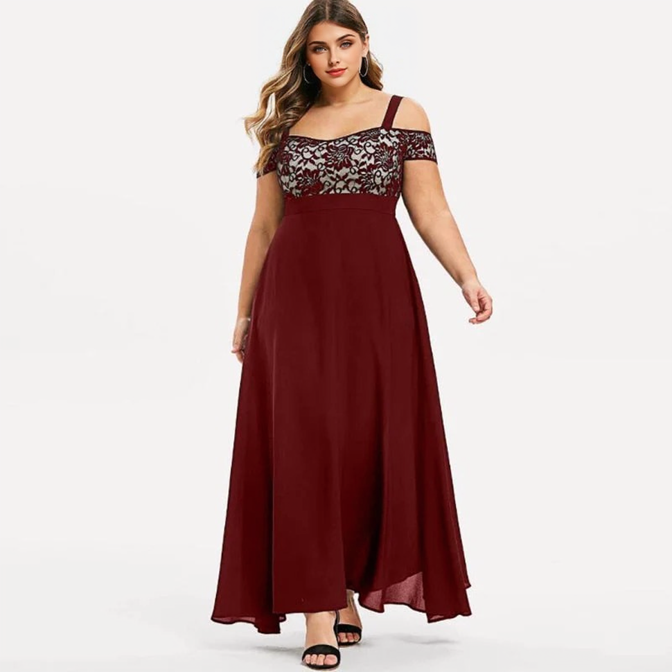Floral Lace Cold-Shoulder Empire Waist Chiffon Maxi Dress 11
