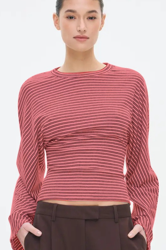 Striped Slim Waist Short Long Sleeve Crop Top