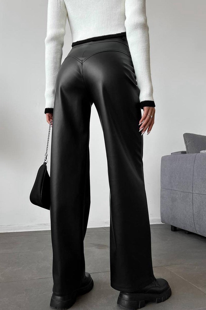 Chic Leather Patchwork Slim Straight Pants