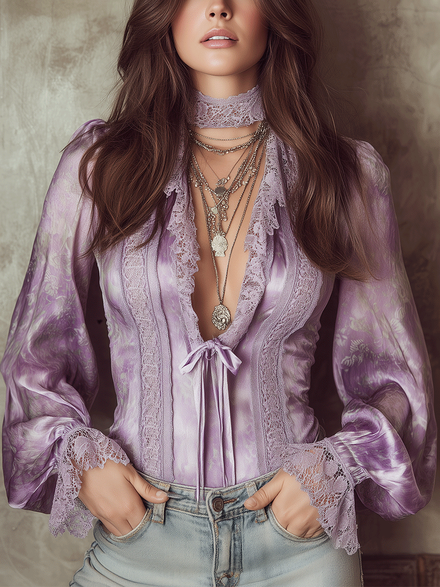 Romantic Boho Satin Tie-Front Bell-Sleeve Blouse