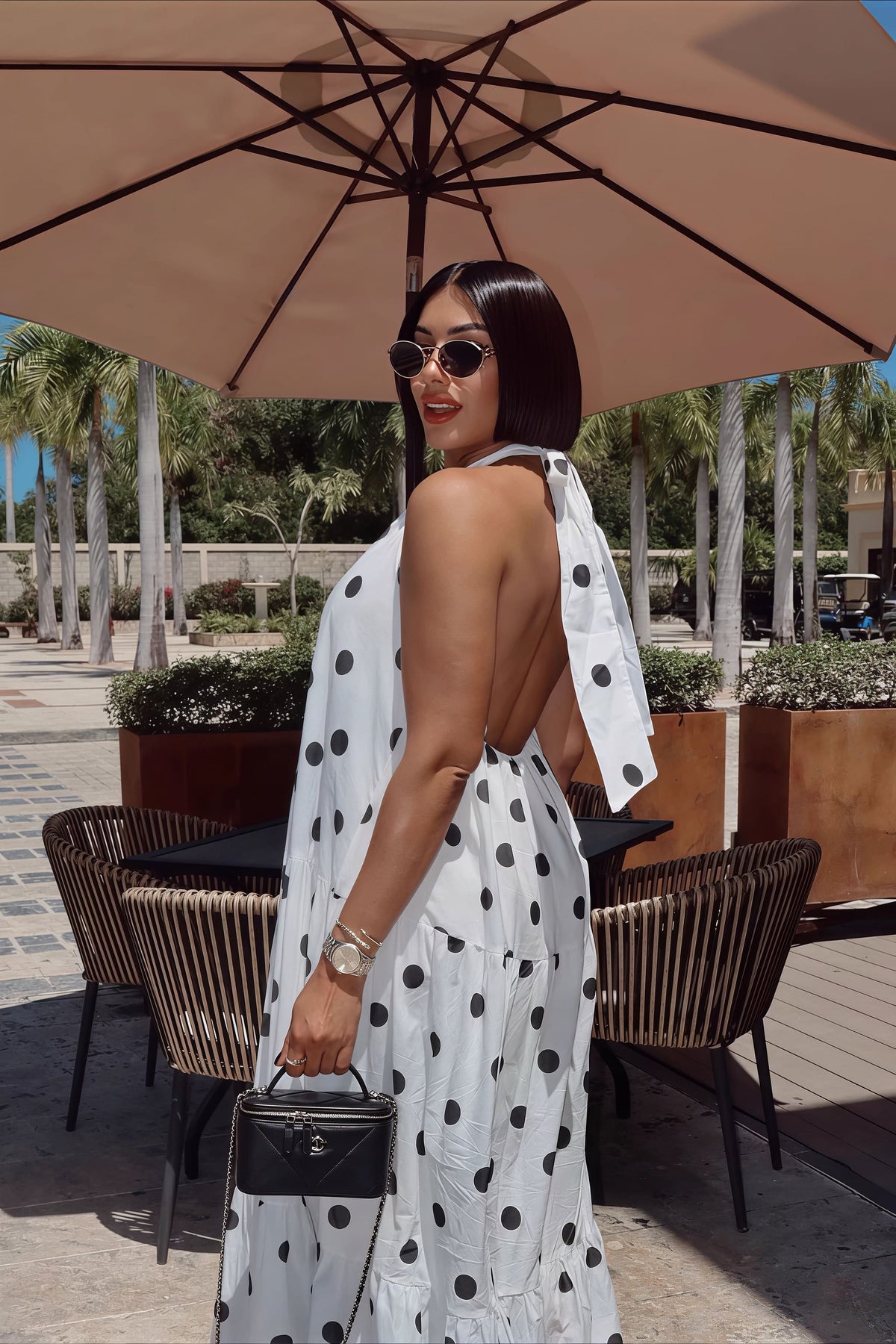 Polka Dot Halter Neck Open Back Tiered Maxi Dress