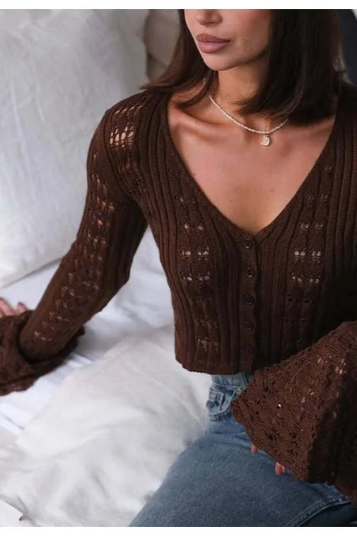 Hollow Out Knit V Neck Long Sleeve Cardigan 26