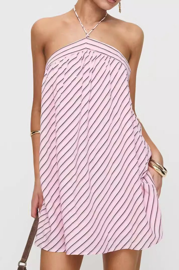 Striped Print Halter Neck Swing Mini Dress 5