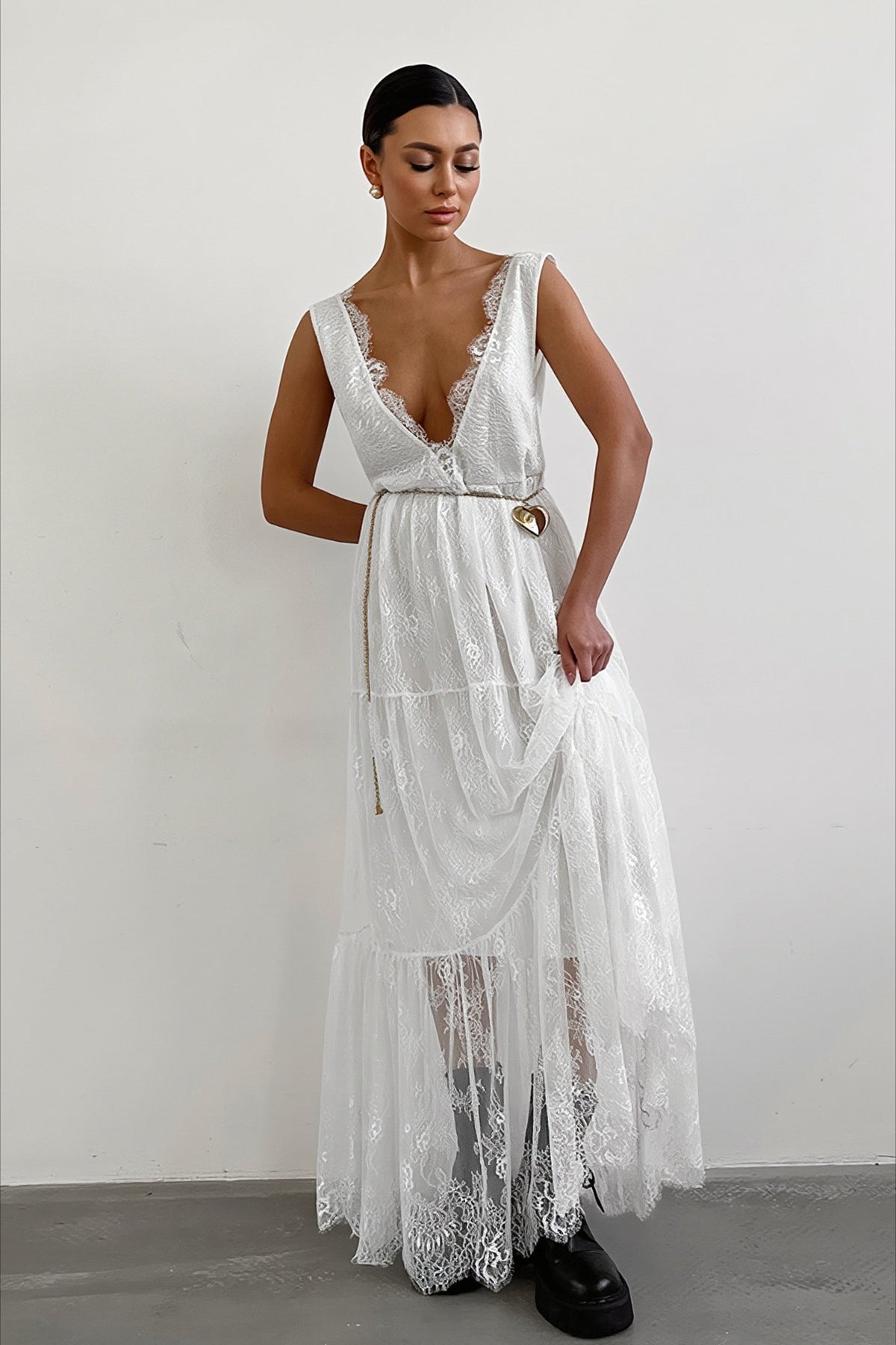 Sheer Lace Plunge V-Neck Tiered Belted Maxi Dress