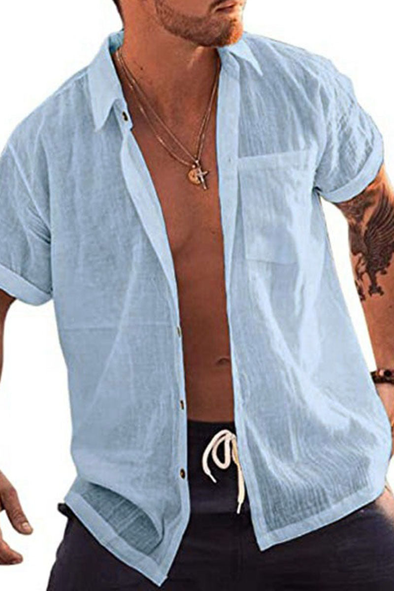 Solid Colour Short Sleeve Cotton Linen Shirt - Fashionpara