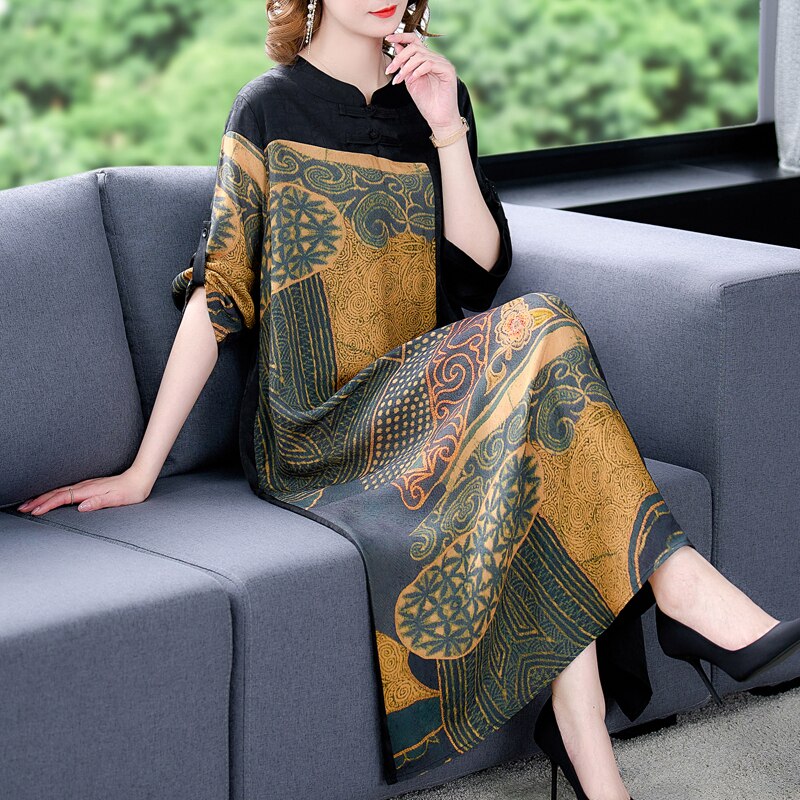 Patchwork Print Mandarin Collar Three-Quarter A-Line Midi Dress - View 4