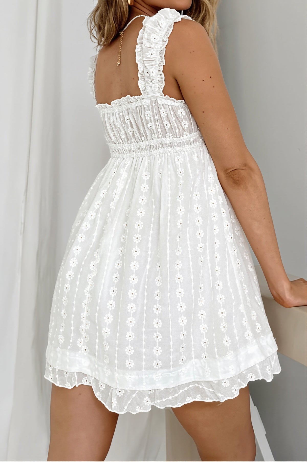 Broderie Square Neck Ruffle Strap Babydoll Mini Dress 6