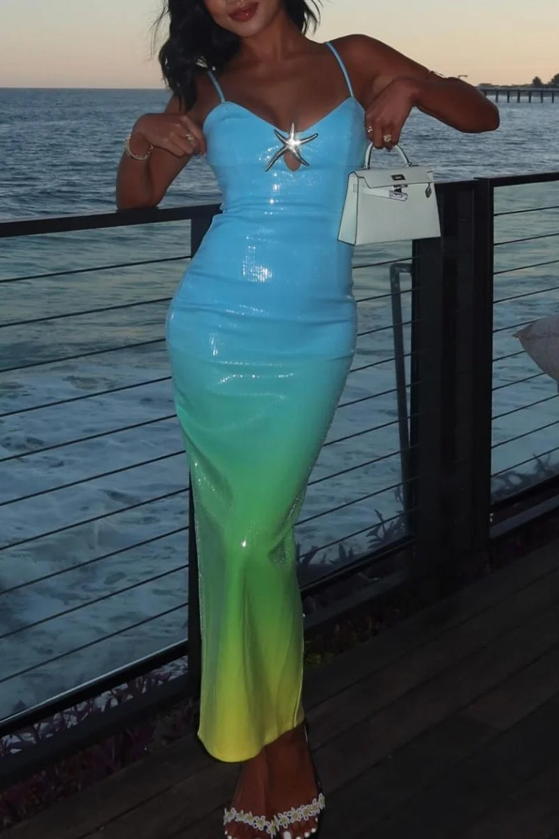Gradient Sequin Spaghetti Midi Dress