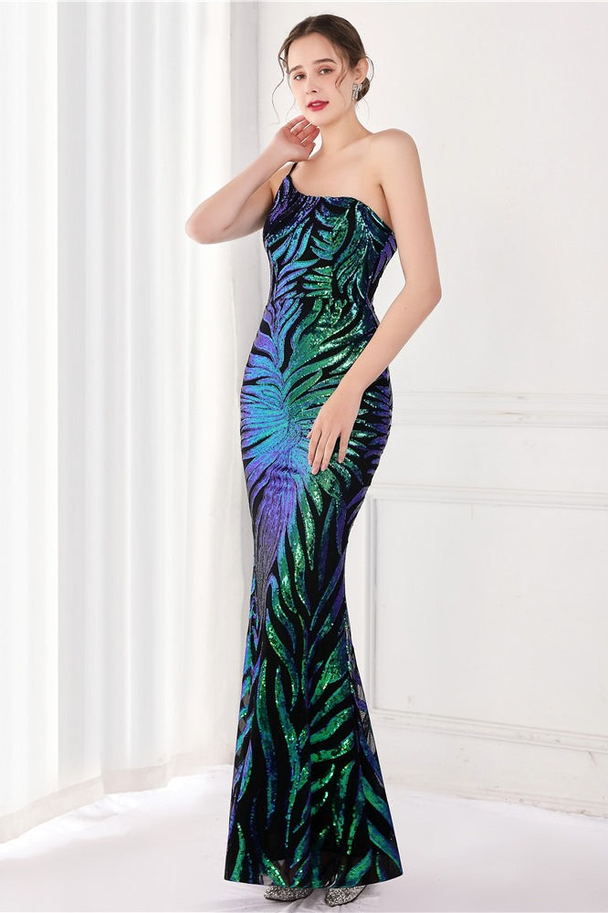 Sequin One Shoulder Mermaid Evening Gown - View 10