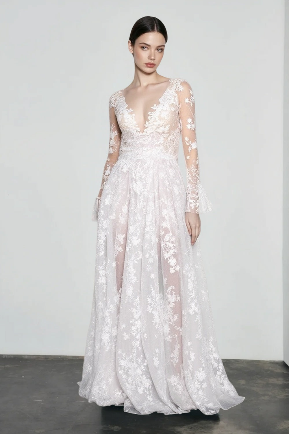 Floral Lace Deep V-Neck Long Sleeve Sheer A-Line Gown