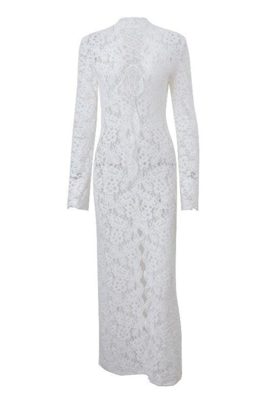 Crochet Lace Up Long Sleeve High Split Maxi Dress