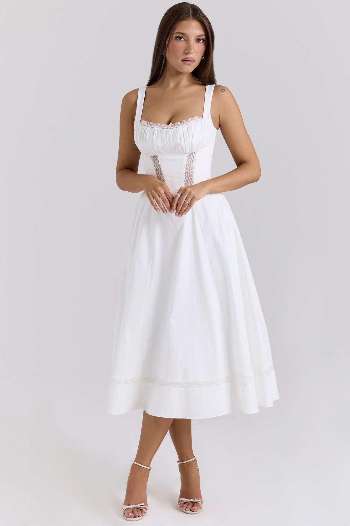 Cotton Square Neck Lace Panel Corset Midi Dress