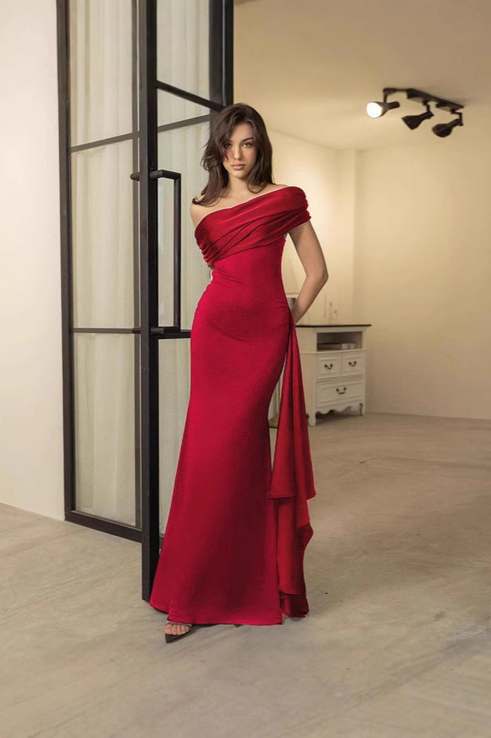 Satin Off Shoulder Draped Sash Gown - View 6
