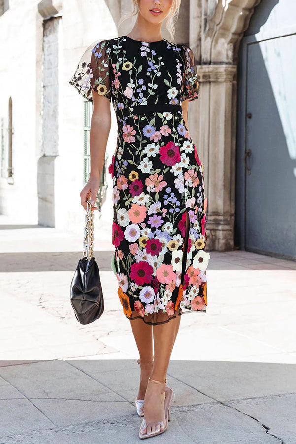 Floral Applique Slit Midi Dress Fashionpara