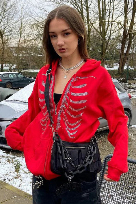 Solid Rhinestone Skeleton Zip Up Hoodie