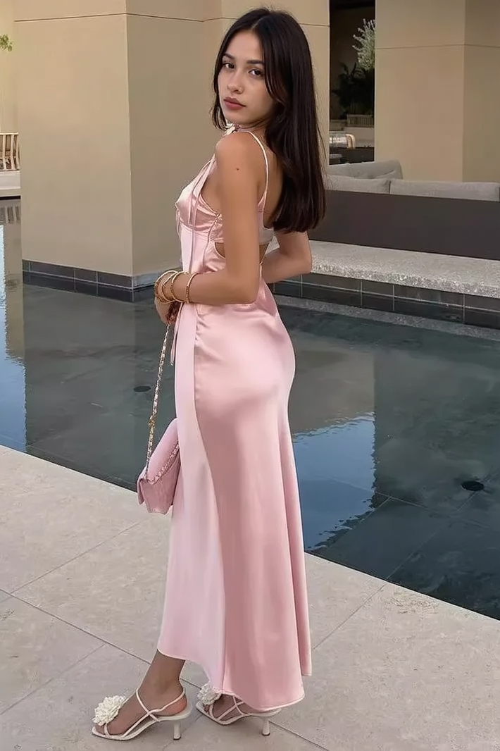 Satin V-Neck Tie Shoulder Cut Out Slip Maxi Dress 4