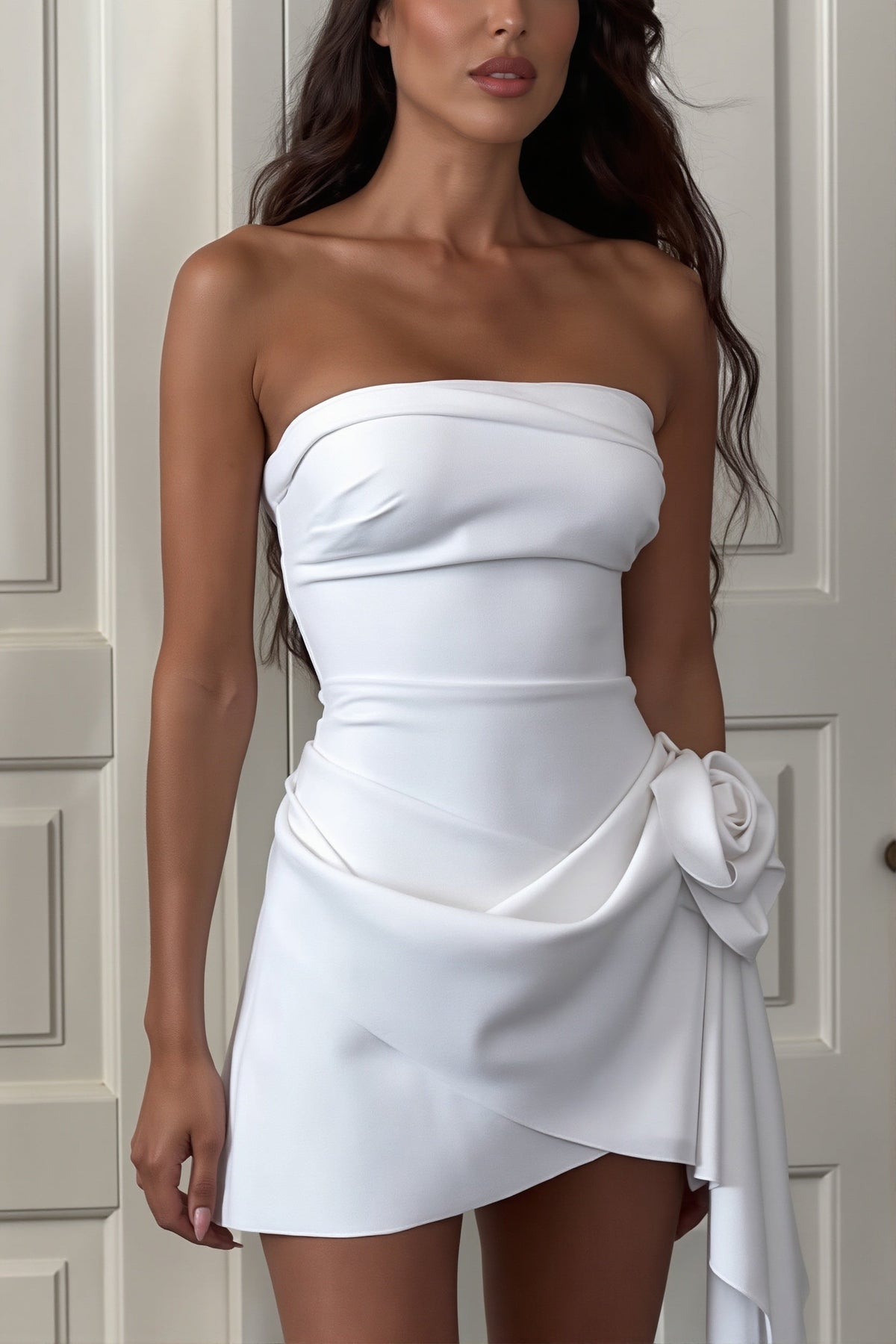 Satin Strapless Rosette Asymmetric Mini Dress