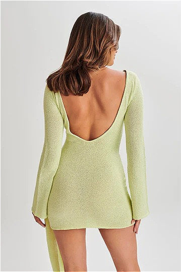 Knit Boat Neck Bell Sleeve Ruched Mini Dress