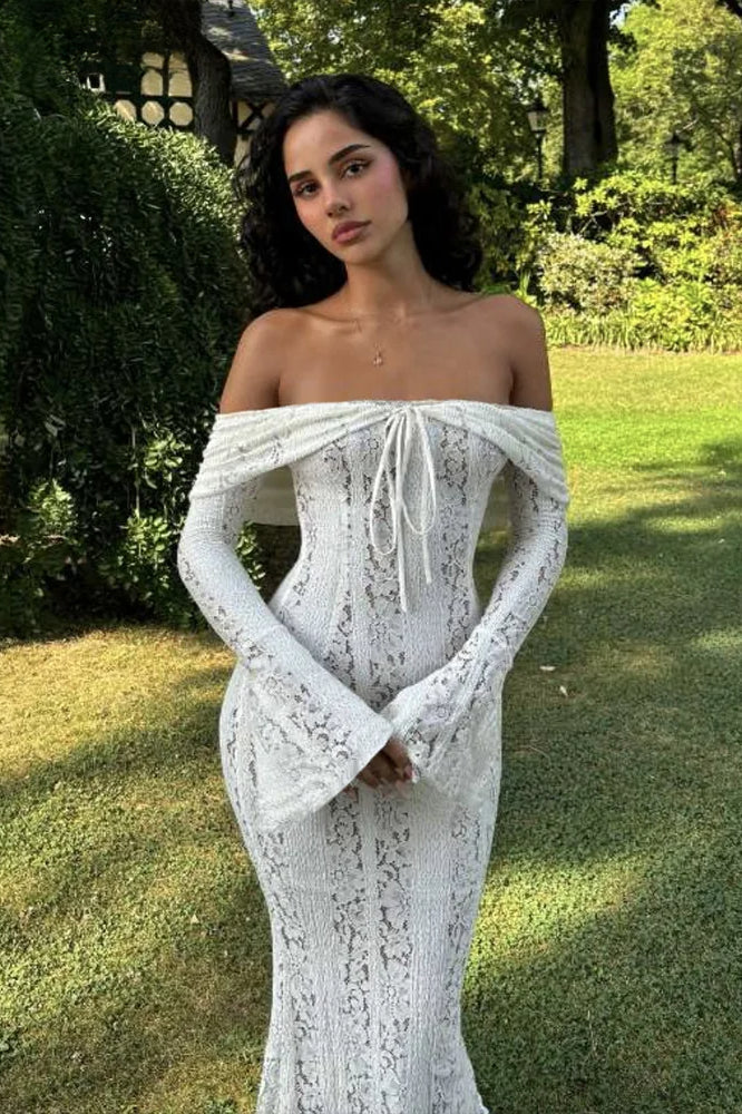 Lace Off Shoulder Long Sleeve Mermaid Dress