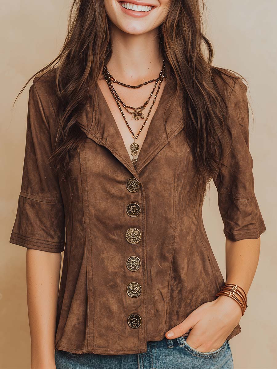 Chestnut Micro-suede Vintage Button Shirt - Fashionpara
