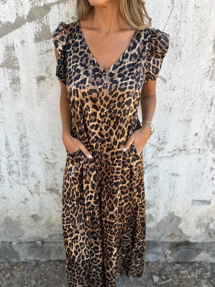 Leopard Print V-Neck Ruffle Sleeve Pocket Maxi Dress 2