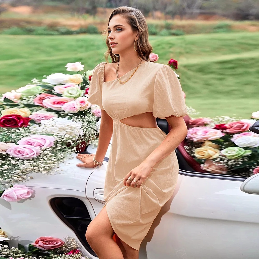 Square Neck Puff Sleeve Cut-Out Midi Dress 2