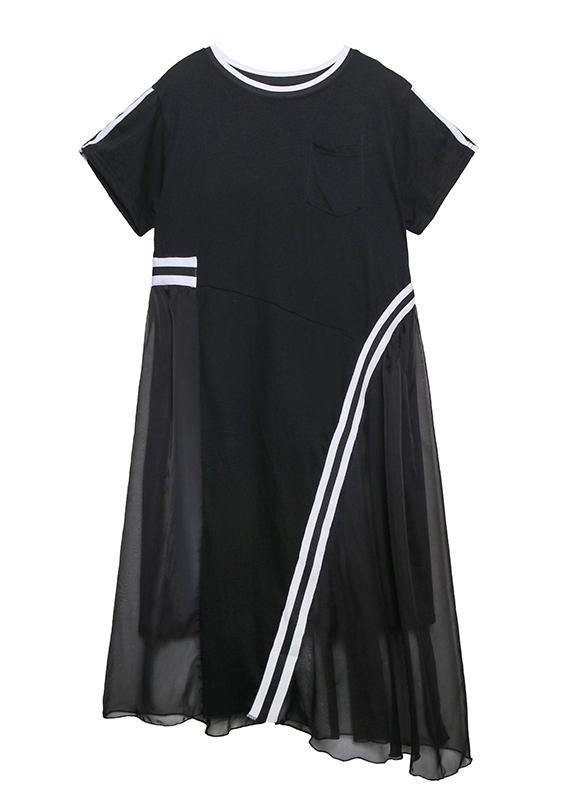 Mesh Overlay Crew Neck Short Sleeve Pocket Diagonal Stripe Midi Dress - View 5