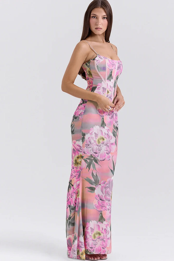 Floral Print Corset Bustier Maxi Dress