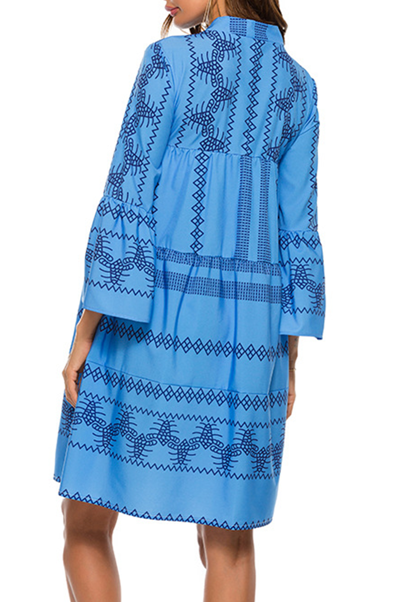Mandarin Collar V-Neck Long Sleeve Geometric Print Tiered Mini Dress - View 2