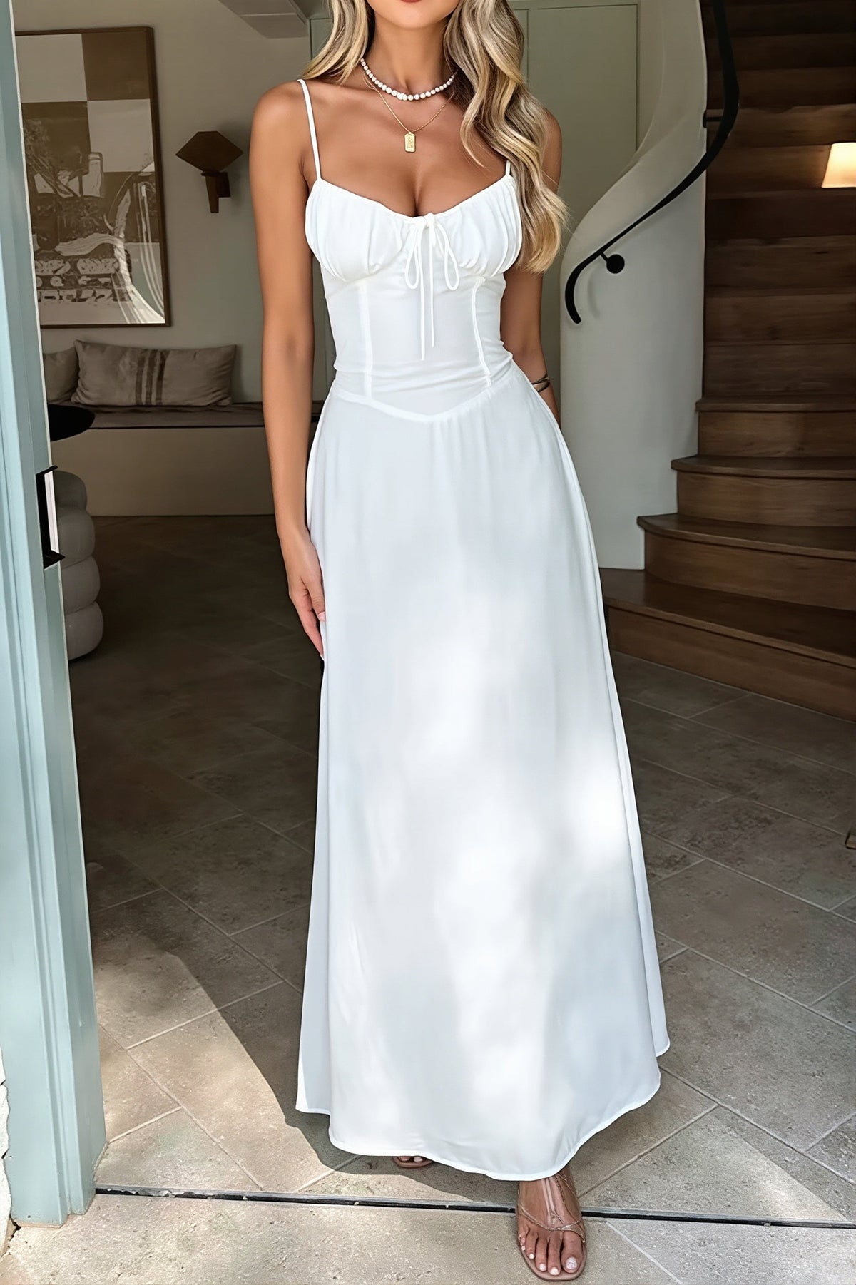 Satin Corset Sweetheart Tie Front Maxi Dress