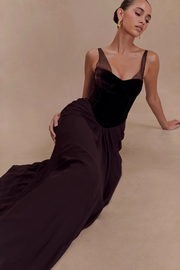 Velvet Bustier Draped Chiffon Mermaid Maxi Gown