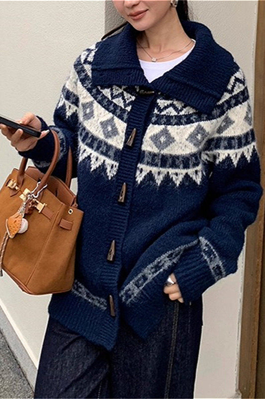 PrincessAce Retro Jacquard Collar Loose Knit Cardigan