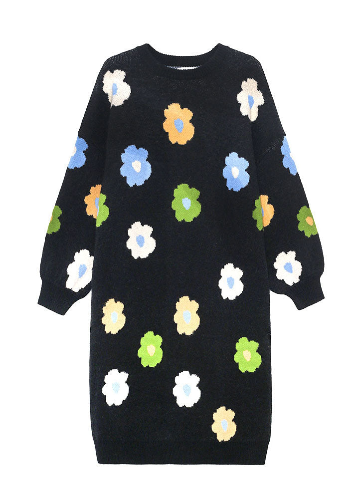 Knit Floral Print Oversized Crew Neck Long Sleeve Maxi Sweater Dress - View 5