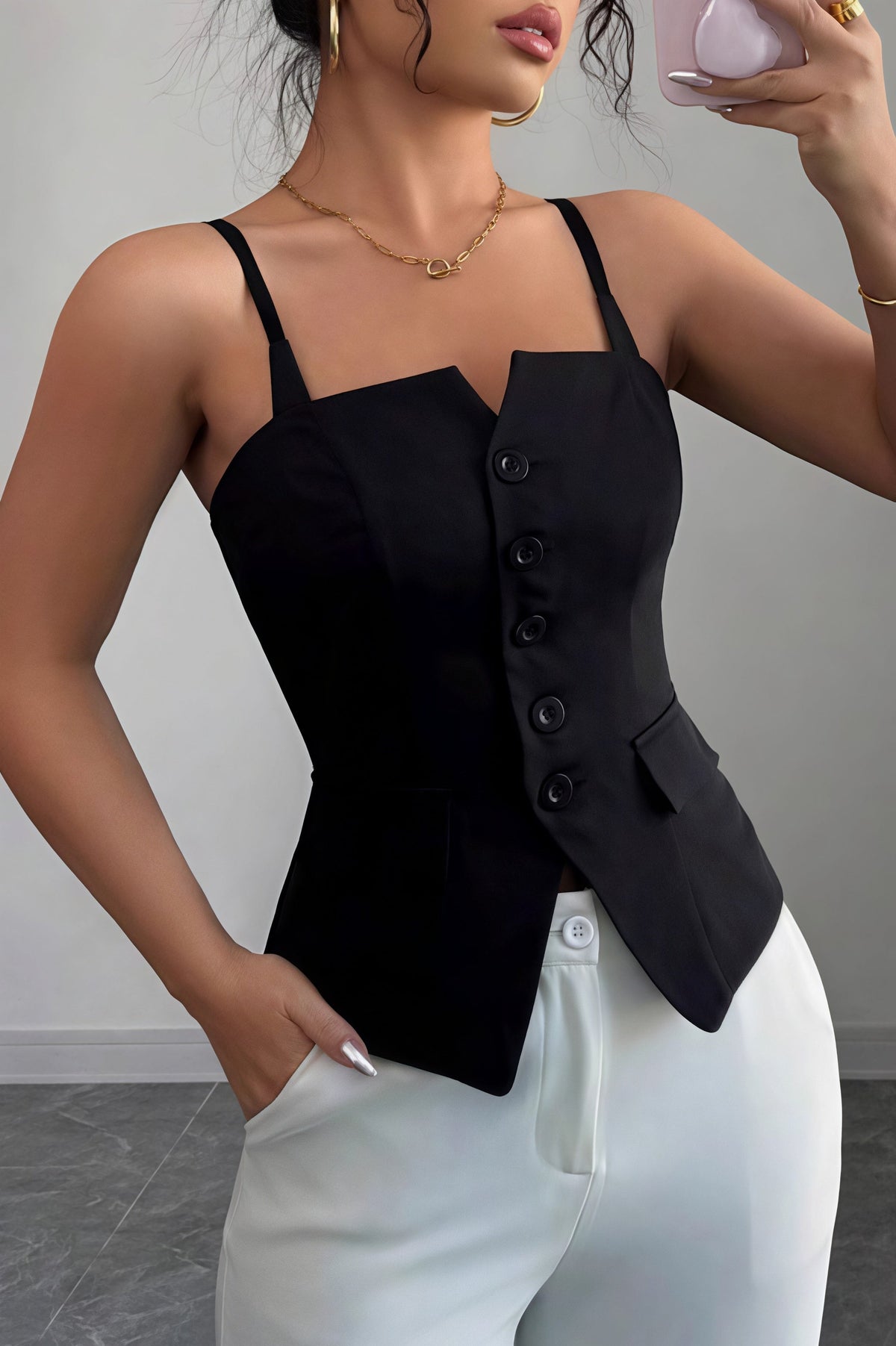 Slim Fit Button Vest Style Cami Top 2