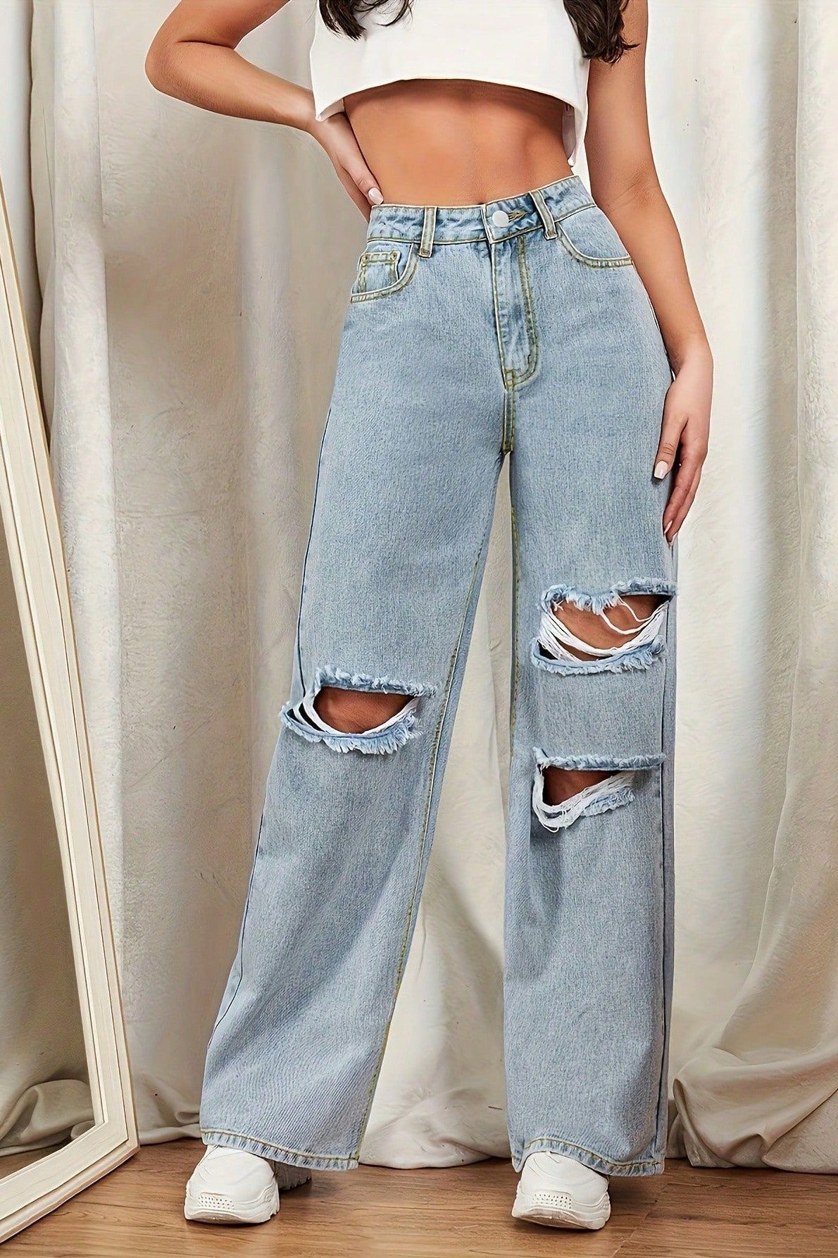 High Waist Washed Floor-Length Jean