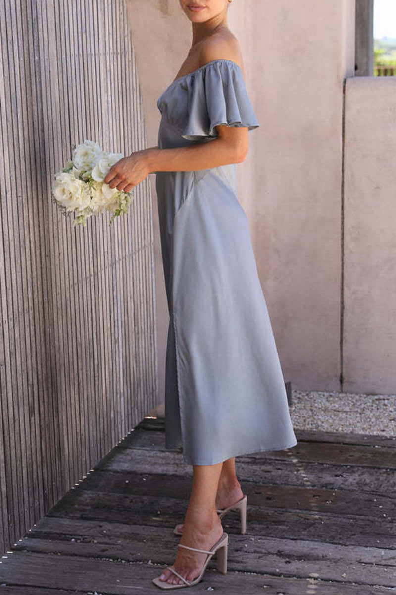 Satin Off Shoulder Sweetheart Ruched Bust Midi Dress - View 2