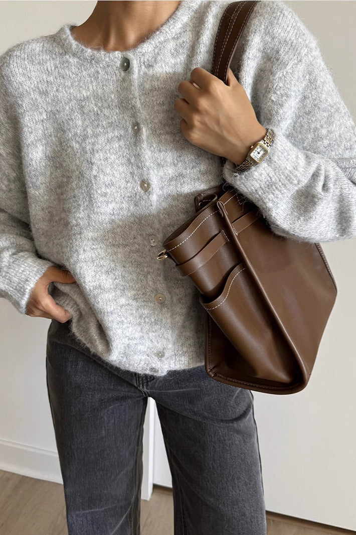 Grey Wool Shell Button Knit Cardigan 2