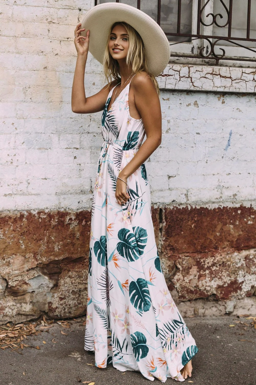 Tropical Leaf Print Plunging V-Neck Strappy Maxi Dress 2