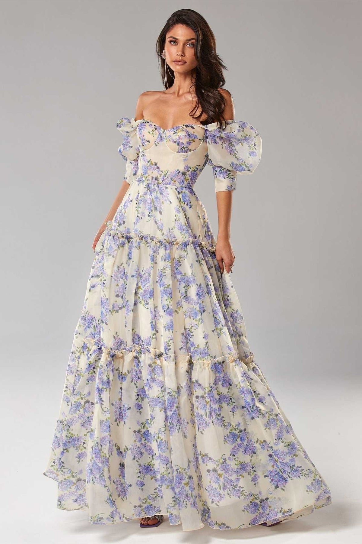 Floral Off Shoulder Puff Sleeve Sweetheart Tiered Maxi Dress - View 4