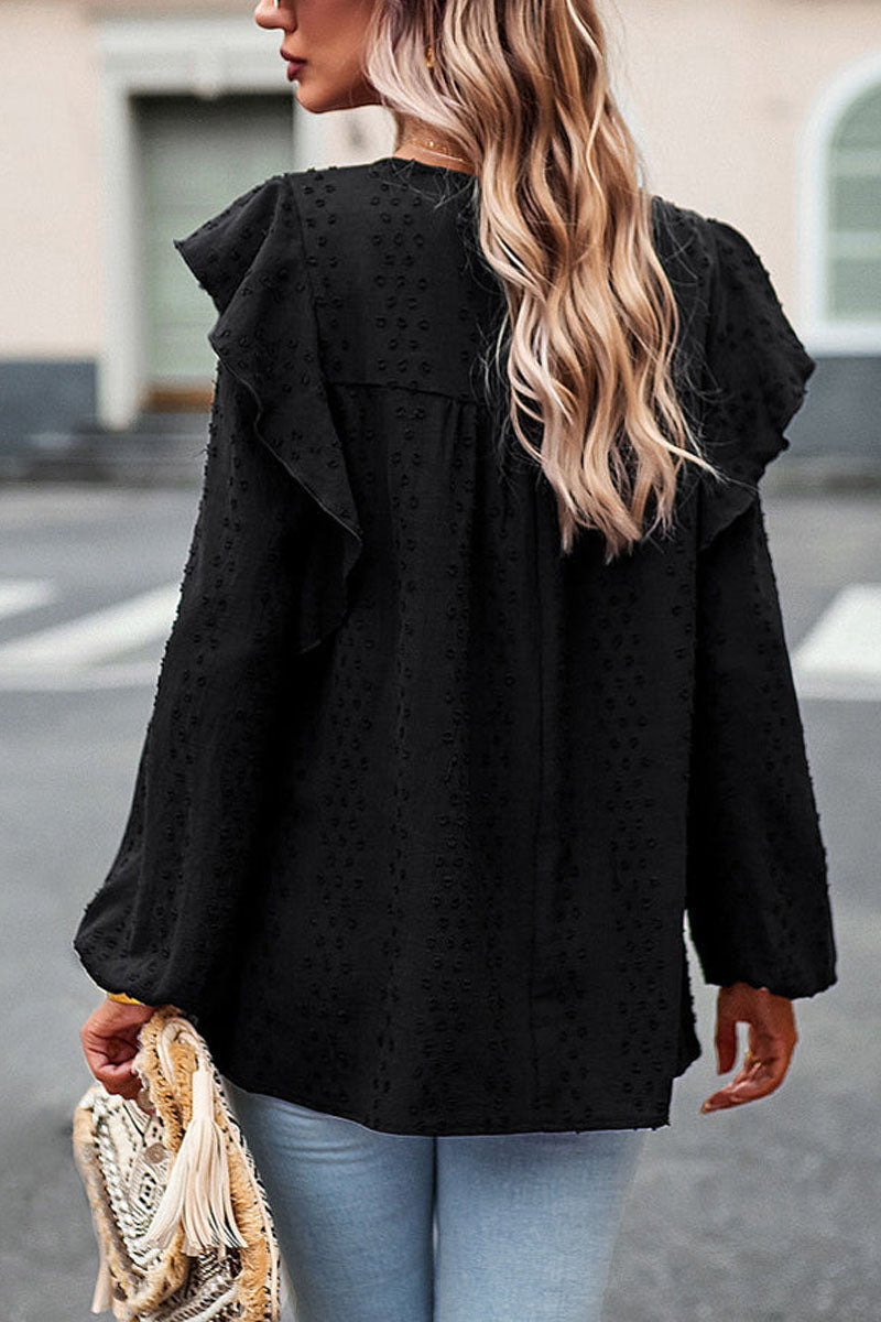 Long Sleeve Ruffle Round Neck Casual Tops - Fashionpara