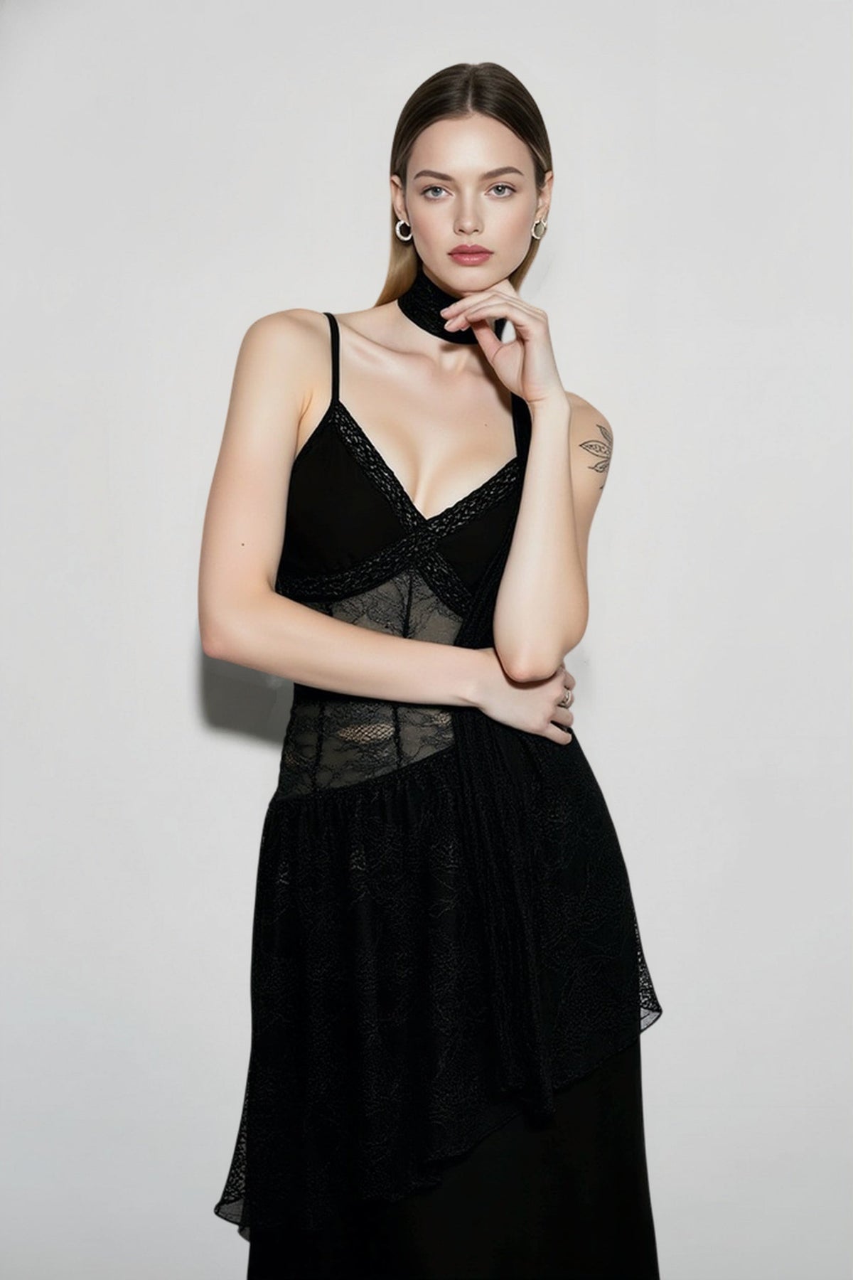 Sheer Lace Overlay V-Neck Handkerchief Maxi Dress 5
