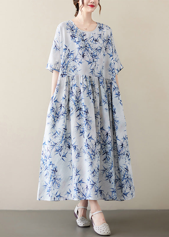 Bamboo Leaf Print Round Neck Empire Waist Pocket A-Line Midi Dress